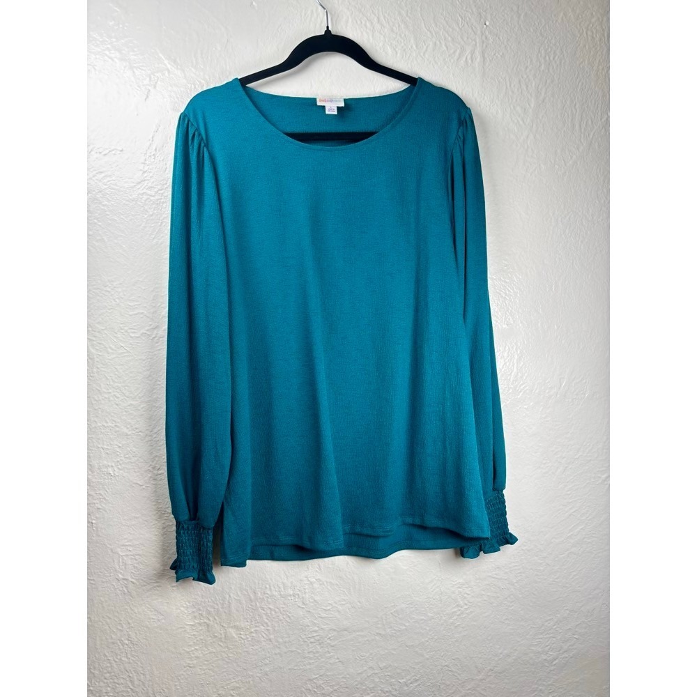 LuLaRoe Long‎ Sleeve Top Womens L Teal Blue Smocked Cuff Keyhole Back Feminine